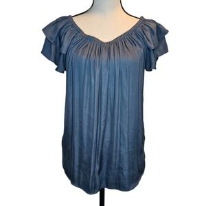 Ann Taylor Loft Size Small Blue Elastic Neck Short Ruffle Sleeve Drape Blouse